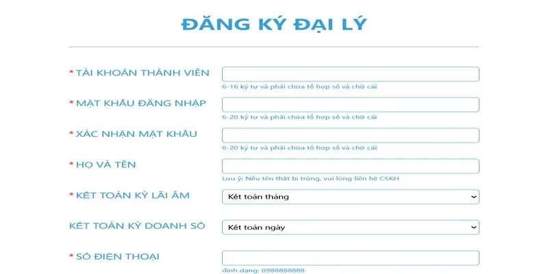 Cách đăng ký đại lý 123B đơn giản, anh em cần nhập đúng thông tin đưa ra