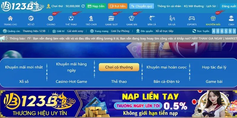 Nhà cái thưởng nạp đầu là ưu đãi sân chơi 123B dành tặng bạn mới